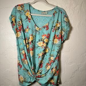 Bobbie Brooks Large floral blouse v-neck crochet cottage boho coastal knot waist
